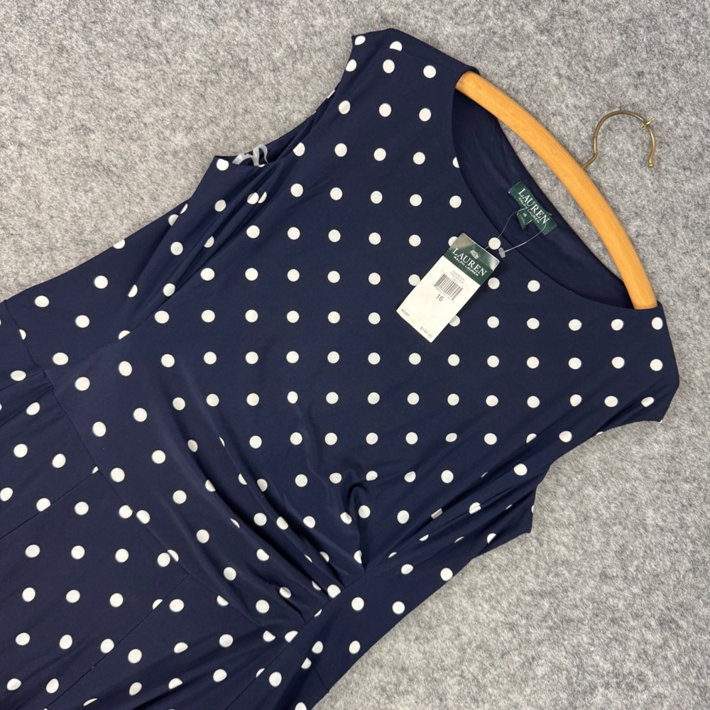 Lauren Ralph Lauren Navy Blue Polka Dot Ruched Fit and Flare Dress 16 NEW